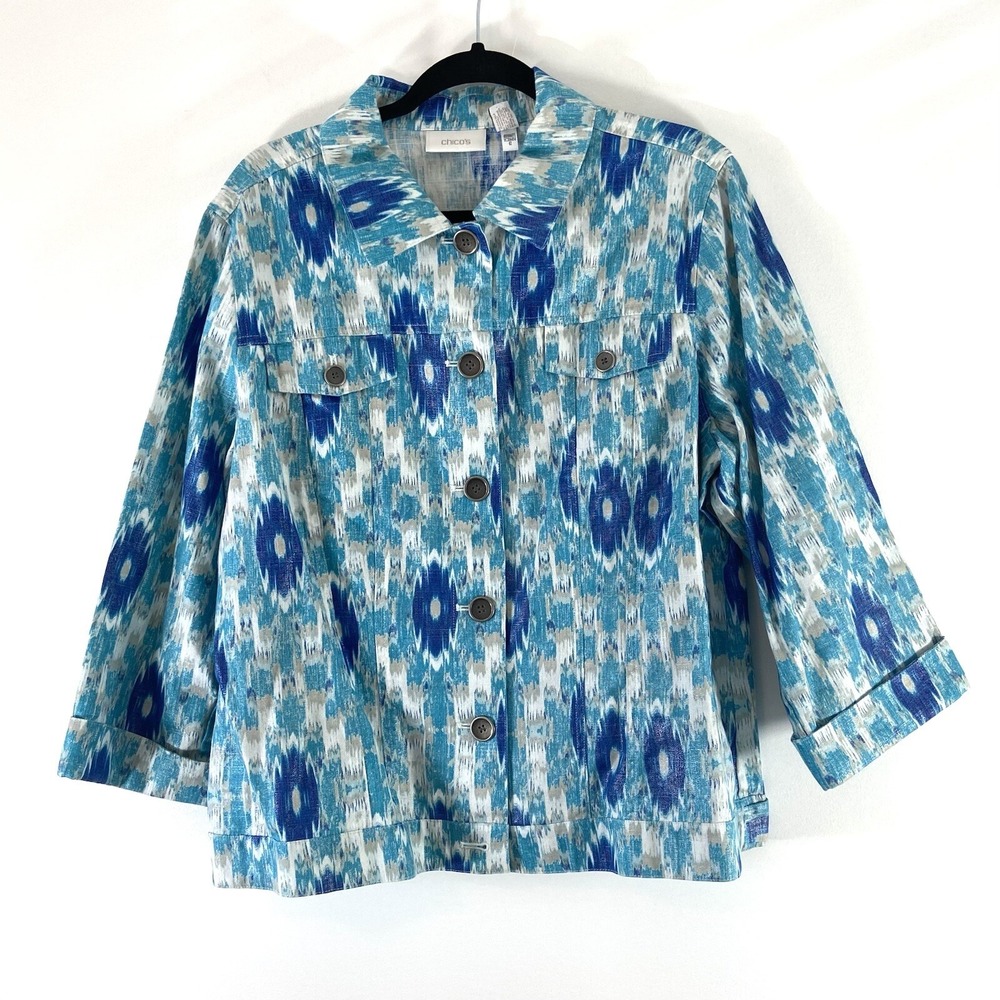 Chico's Jacket Women's 3 US 16 Blue Shimmer Long Sleeves Linen Blend NWOT‎